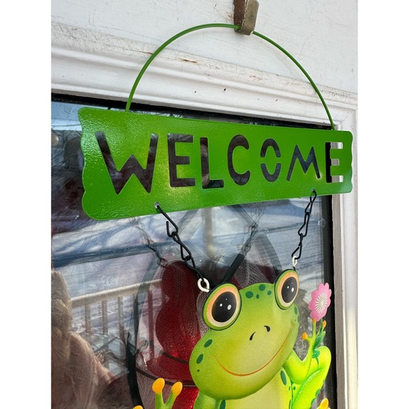 Metal Welcome Frog Figurine Sign Soring Summer Wall Art Door Hanger Decor - Picture 4 of 5